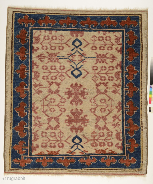 Kyrgyz wedding carpet (kyz toi giliam), Aksu/Kashgar area, Chinese Turkestan, 124 x 105 cm, c.1870, weft and warps are wool, natural colours. Unique piece.         