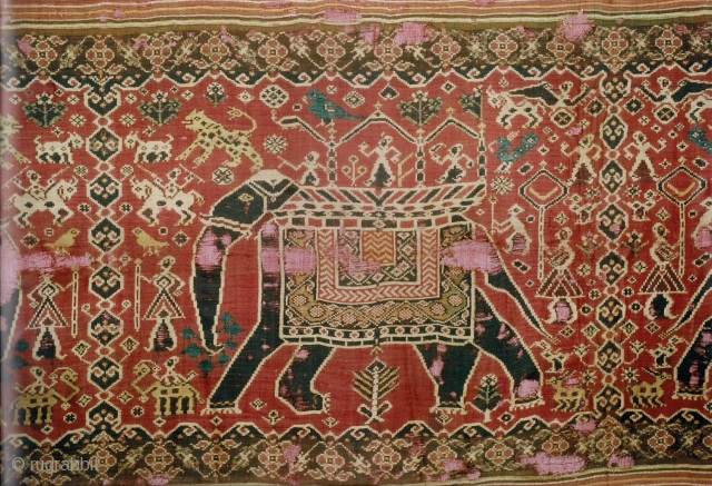 Indian trade textiles 002 - silk patola double Ikat, ceremonial cloth and sacred heirloom, 4 large elephants, 18th century, various large and small damages, extremely rare. Price on request.    