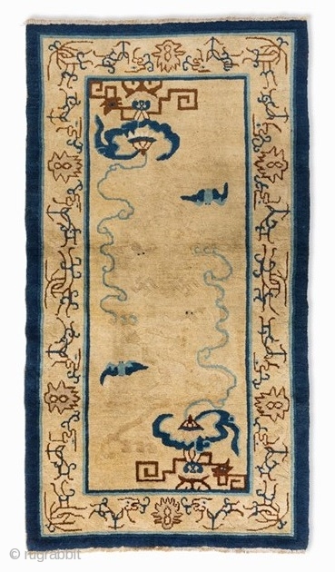 7 | Bao Tou Carpet, North China, Inner Mongolia, around 1900

    
Wool on cotton
Inner Mongolia, North China, c. 1900
Knot density: approx. 150,000 knots per m2
Dimensions: 1.80 x 0.93 m
Age-according  ...