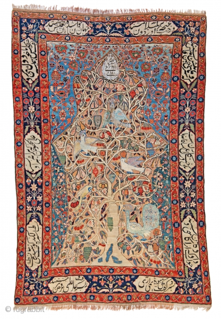 Lot 61, Kashan Souf signed, 271 x 180 cm (8ft. 11in. x 5ft. 11in.), nscription in the field: "Order of Majesty Esmeil Waba Yahudi Irani", Inscription cartouches: "The Divan of poems" by  ...