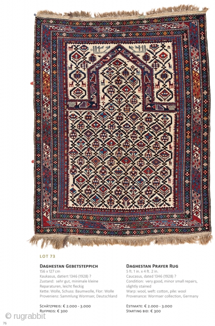 Auction on March 30th at 4pm, all on offer with no reserve!, https://www.liveauctioneers.com/item/69912789_daghestan-prayer-rug
                    