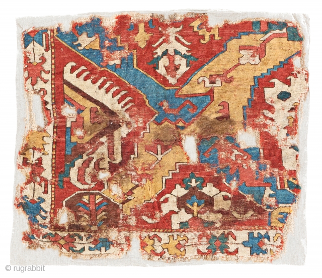 Caucasian Dragon Carpet Fragment, 76 x 87 cm (2 ft. 6 in. x 2 ft. 10 in.), Caucasus, early 18th century, Starting bid € 300, Auction May 18th at 4pm, https://www.liveauctioneers.com/item/71360091_caucasian-dragon-rug-fragment
  