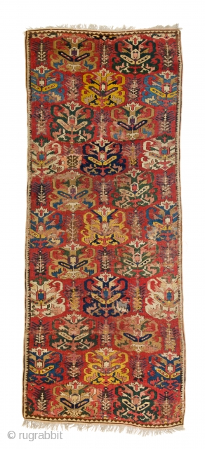 Lot 48, Lesghi, published in Schürmann “Caucasian Rugs” 1990 plate 128, 9ft. 2in. x 3ft. 9in., Caucasus dated by Schürmann 17th/18th century, condition: fair, areas of low pile with foundation visible, rewoven  ...