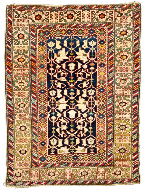 Lot 78, Konakent, 4 ft. 3 in. x 3 ft. 3 in., Caucasus, dated 1295 (1879), Condition: good, few small repairs, Warp: wool, weft: cotton, pile: wool, 
Provenance: European private collection, Starting  ...