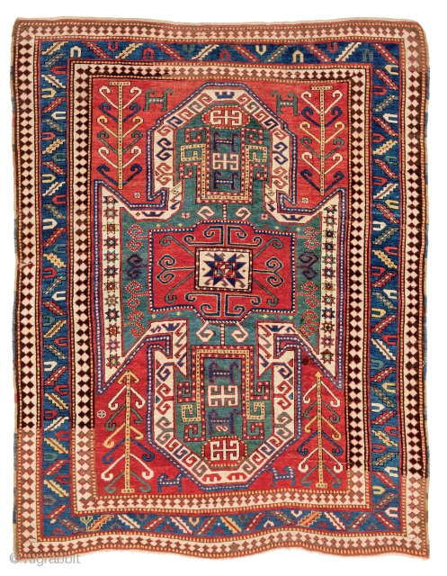 Lot 1, Sevan Kazak,
Caucasus 1870,
6ft. 10in. x 5ft. 4in., 210 x 164 cm,
Condition: good, brown corroded, two folds, one fold sewn together, 
Wool warp, wool weft, wool pile, Auction November 28th, 4pm  ...