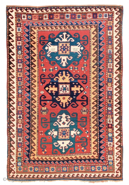 Lot 141, Kazak Star-variant, Caucasus circa 1860, 7 ft. 3in. x 5ft. 1in., 221 x 155 cm.
Published: Eberhart Herrmann, Seltene Orientteppiche, Band 10, pl. 28.
Condition: good, brown corroded, few spots slightly low  ...