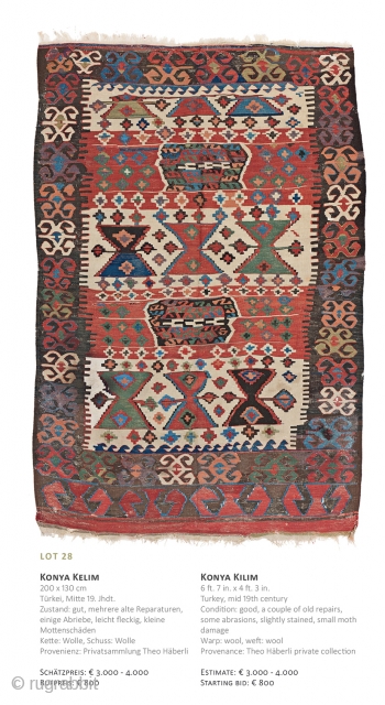 Lot 28, Konya Kilim, 200x130cm, 19th century, Starting bid € 800, Auction December 15th at 4pm, https://www.liveauctioneers.com/item/67152317_konya-kilim
                