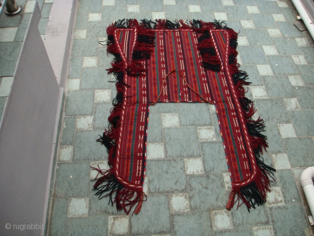 Circa 1900, Yamoud Turkmen Ceremonial Horse Cover. Wool with original Brown felt backing. 
Size: Approx.137cm (width) x 188cm (length) without the tasseled fringes.
Near mint condition except for a small surface fray (see  ...