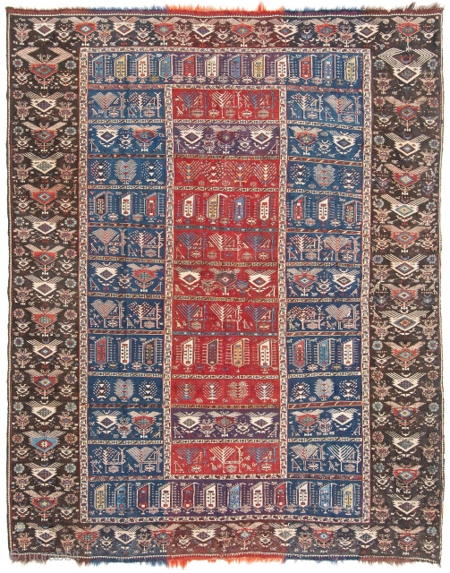 Antique Caucasian Khyzy Qushlu Zili, ~1900, 200x250cm (6'6"x8'2"). A finely embroidered flatweave with individual squared panels each containing rich tribal iconography such as abstract fan-tailed birds, alternated rows of stylised botehs, mythical  ...