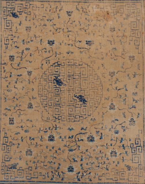 A rare 17th century Chinese carpet measuring 10'10" x 9'. Battered but still retaining much of it's majesty. Dragons galore!!

Please visit our website for more rare carpet and textile art : www.bbolour.com  ...