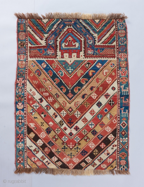 An authentic Caucasian village prayer rug with lovely color and very good age. This one's got some zest!! Please ask for more info. 

Visit our website for more collectible weavings : www.bbolour.com  ...