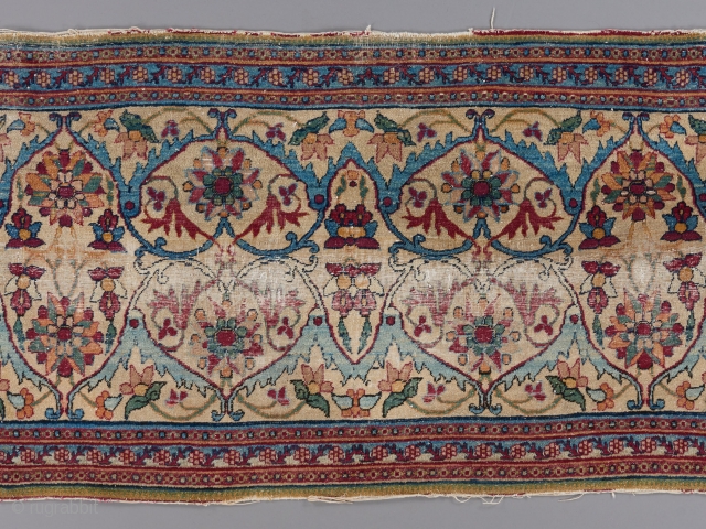  An early, very rare thing ( 18th? early 19th? ) woven in a rare format. This piece is complete and all original, not a fragment. 6'6" x 2'3". Persian or Indian.  ...