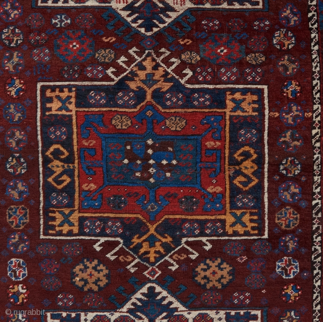 Qashqai rug with an interesting design, great color and condition. 

Please visit our website to see more rare tribal pieces: https://www.bbolour.com/tribal-and-village-rugs-1/            