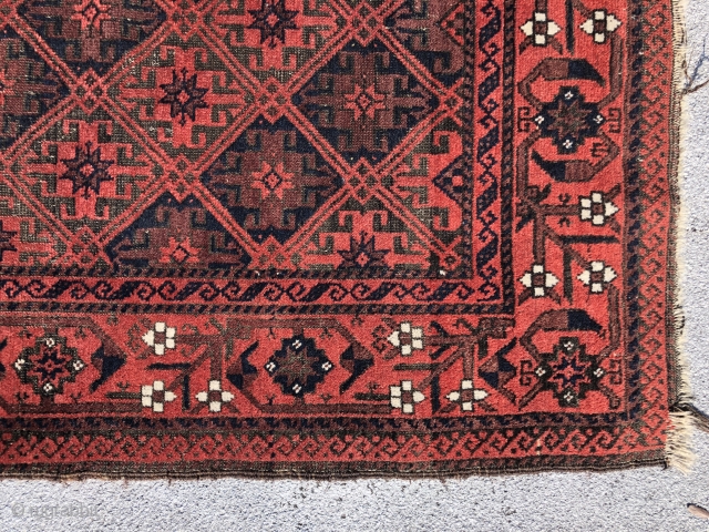 Baluch rug with a dignified presence . Precise drawing and very good color. Good condition with some wear and corrosion.             