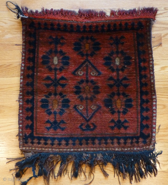 Old Kirghiz bag, with back. 24 x 22 inches. Good thick pile. Red knotted fringe at one end was added later. Interesting Central Asian bag. Velcro hanging strip sewn to back, which  ...