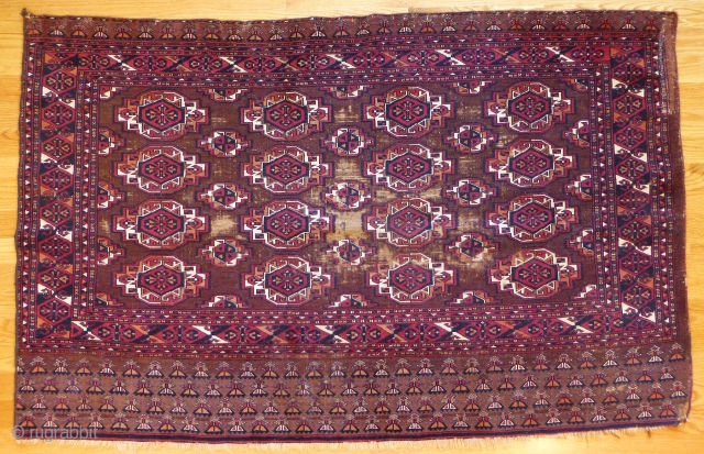 Fine Antique Saryk Chuval. 45 x 36 inches. Beautiful colors. Obvious wear in the center. Floppy handle. www.banjaratextiles.com               