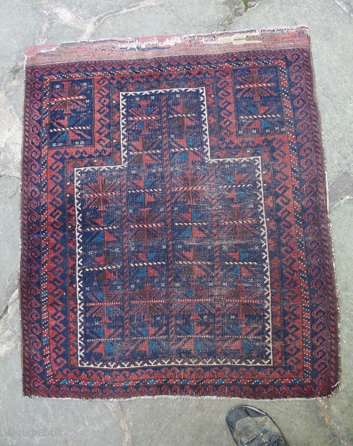 Antique Baluch Prayer Rug. 43 x 36  inches. Square-ish format. Beautiful rug and colors. Low pile. Small losses to edges and ends.          