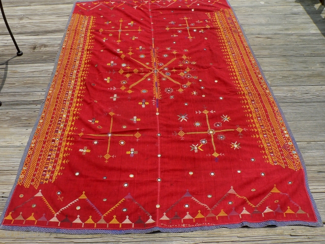 Antique Indian Wedding Shawl. 
This is an antique embroidered wedding shawl or “odhni” from the Thar Desert region near Jaisalmer in Rajasthan. Approximately 83 x 51 inches. The background cloth is 2  ...