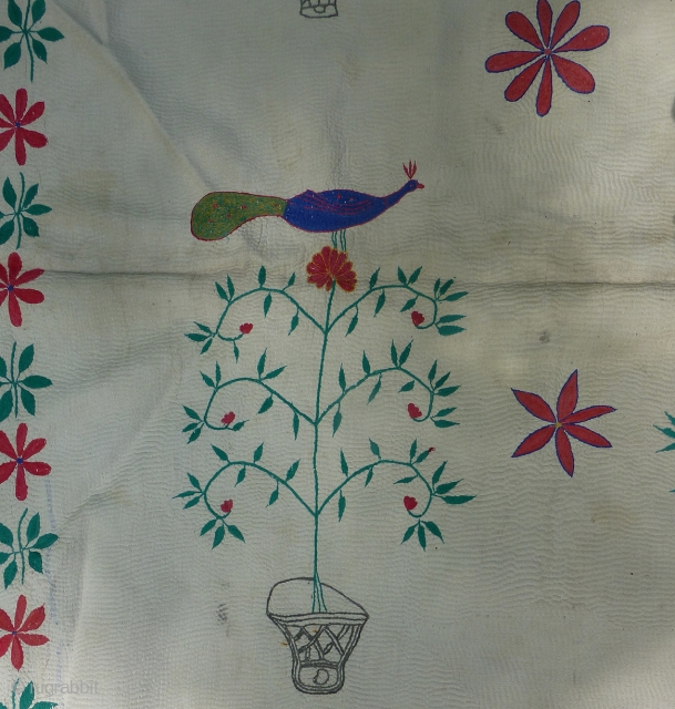 Special extra large antique Kantha quilt in great condition. 75 x 51 inches.  Full of joyful whimsy with various peacocks sitting in the tops of potted flowers and/or  trees. White  ...