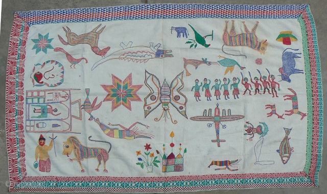 Old Indian Kantha Embroidery Quilt. Just in. From the West Bengal region of India. 62 x 38 inches. This kantha has it all – airplanes, tigers, shrimp, shiva, shiva lengha, peacocks, birds,  ...