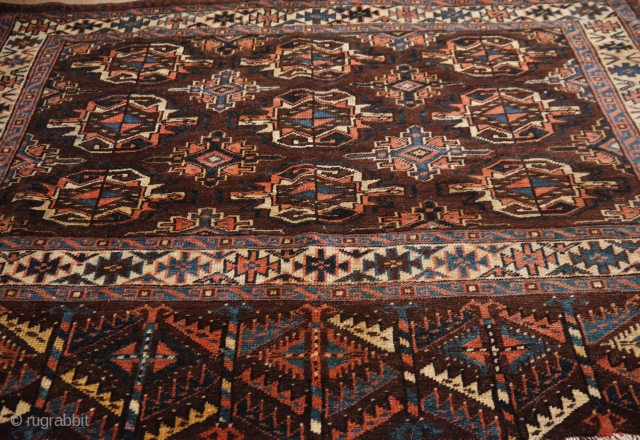 Yomut Chuval, wool/wool, chocolat deep brown, approx. 114 x 78 cm, good condition, Erre secondary güls, probably Igdir- tribe              