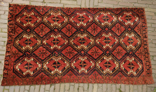 Rare large Ersar i small rug probably used as sitting mat on special occasions. small rug with ikat motif. Full shiny and soft pile, lots of abrash, some moth damage as you  ...