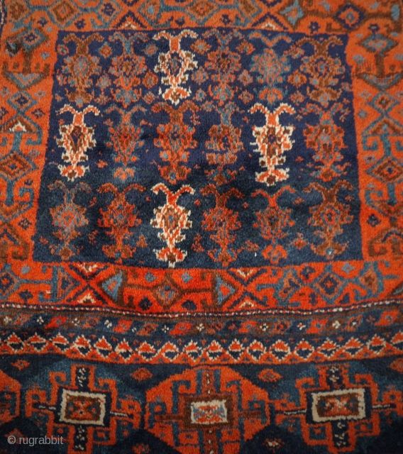 Rare tribal Persian rug, probably Luri, never seen one before, soft wool, warm and bright colours, very good condition with one restauration. It is something special
119x 109 cm.     