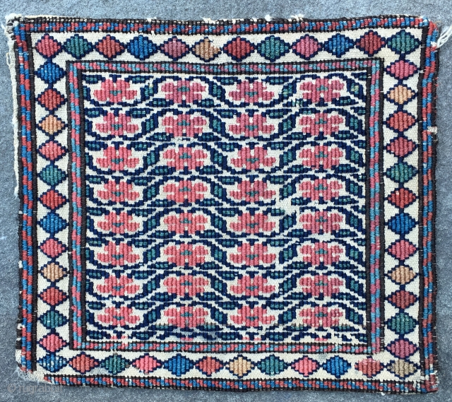 Very Sweet and unusual little reverse soumac Chanteh. Hard to say if this is Shasavan or Bidjar. But great color and good condition. Approx. 10" x 10".
      