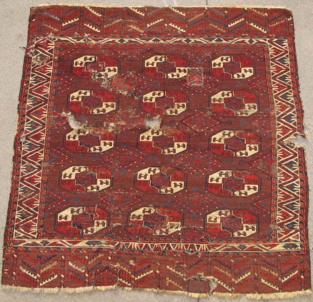 Yomud Tauk Nuska Main Carpet, saturated color, good spacing, super diamond minors with pearl ornament, salt and pepper back, cut and shut.           