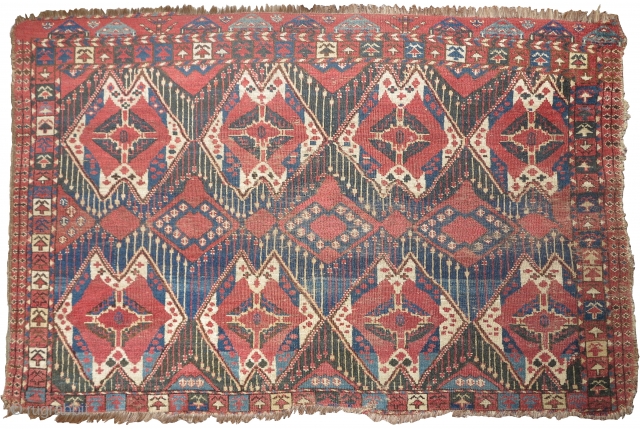 Central Asian Middle Amu Darya Area or Ersari Chuval with an ikat pattern. Crazy drawing with a lot of asymmetry, good color with a peculiar blue/black/green color. Some flat-stitch repair in the  ...