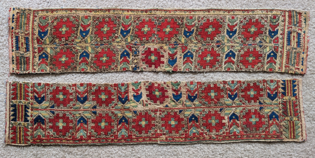 Balkan / Macedonian? silk embroidered pair of bands. Possibly cuffs or sections from a bridal pillow. Fantastic saturated natural color. Fascinating drawing. Each measures about 30"x7".       