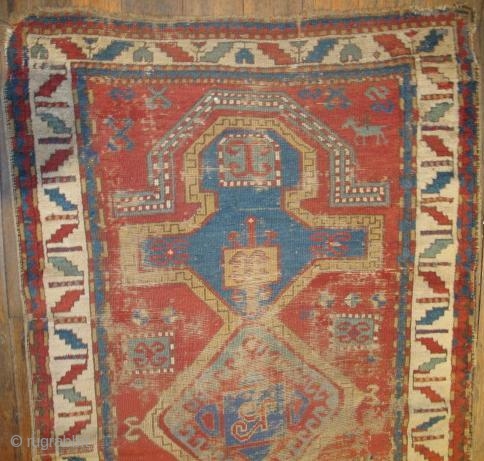 Old, worn, little Kazak Prayer Rug, horse and rider in top corner. good colors.                   