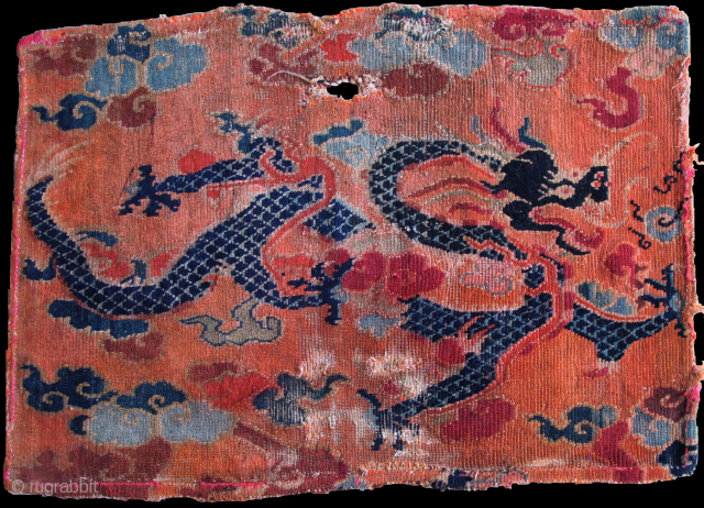 Tibetan Dragon Fragment, very finely drawn with analine dyes and indigo. early 20th cen.                   