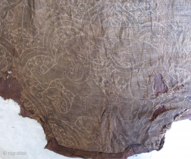 Mongol Era Il-Khanid Persian or Central Asian Lampas Weave Silk Skirt. 13th century. Rabbits, Lions and Panthers. lined with a secondary silk. apx. 140x60cm A very significant textile.     