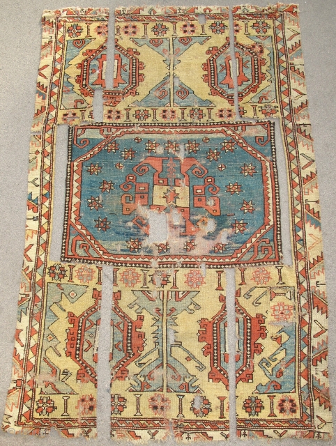 17th century / circa 1700 Bergama area 2-1-2 large pattern Holbein derived carpet.A larger longer format than later 18th century varieties with dynamic and deliberate imagery formed from negative space. Inexplicably cut  ...