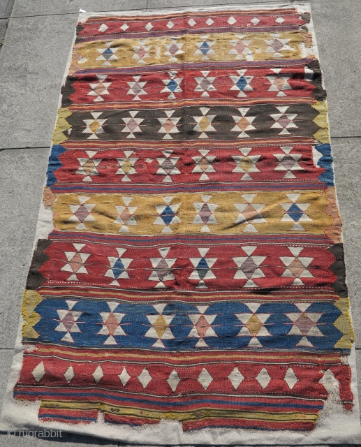 Anatolian kilim with stripes and stars. Great Turkish color. mounted and conserved. 50" x 84"                  