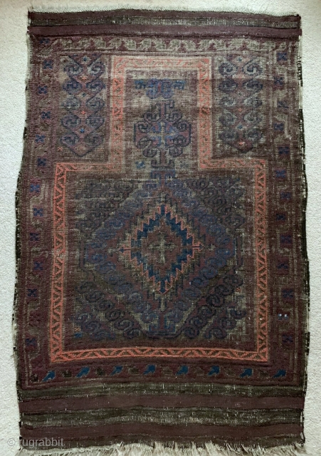 Baluch Mushwani type prayer rug, all natural colors, (can't quite get them right in photos) lots of aubergine, blue, and slates, with corrosive brown giving a compelling sculptural look.    