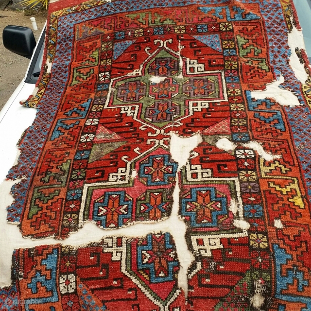 Central Anatolian long rug. Fragmented and mounted. Perhaps Karapinar or Konya. Great color and wool.                  