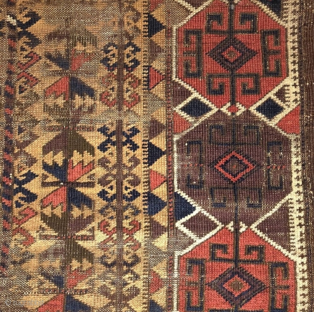 camel ground Baluch rug. Intriguing design with a border inspired by Shahsevan sumaks. Finely woven but with corrosive browns and obvious wear. Flat back and 4 chord goat selvedge. 2'9"x4'2"
Ask about this 