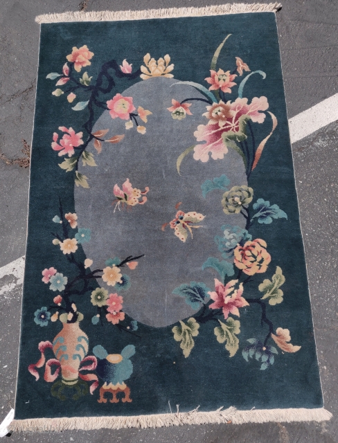 Art Deco Chinese rug with foliage and butterflies. 3'8"x5'10"                        