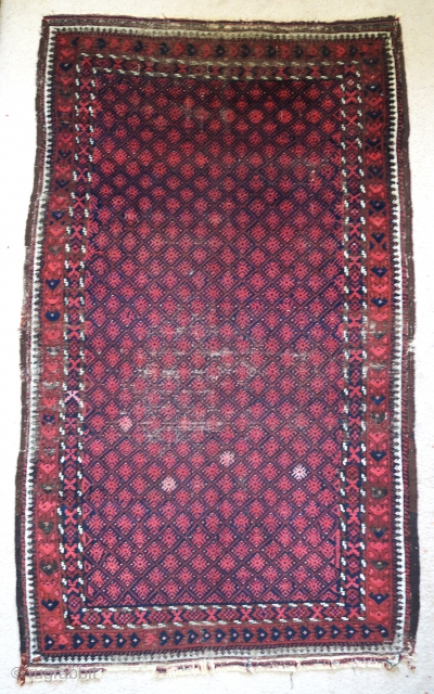 Baluch rug with a small-scale embroidered design rendered in pile. Narrow border, uncommon type, 4x6ish                  