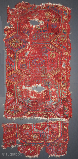 East Anatolian Kurdish divan cover. Red-wefted group with great color including slate blues and greens, salmon, and good. fragmented into three pieces, Older than most.        