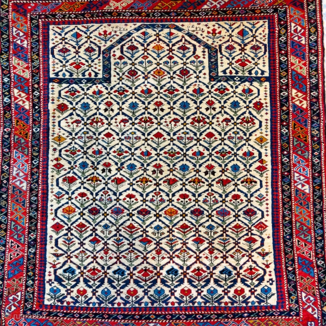 Freaky fine Shirvan prayer rug, dated 1267 / 1851, unusual square proportions.                     