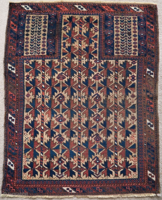 Squarish shaped camel ground Baluch prayer rug, probably Zabol area, Sistan and Baluchistan, Southeast Persia, nice thing, 2'8"x3'4"               