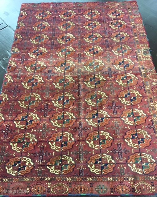 lush velvety Tekke Turkmen main carpet with rounded guls. fragmented at sides, missing a border.                  