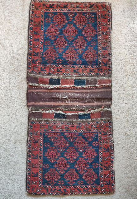 Complete Baluch Khorjin set. Green ground bag faces with lustrous wool and luminous color. ( I can't take a decent photo to save my life. Also the piece is upside down in  ...