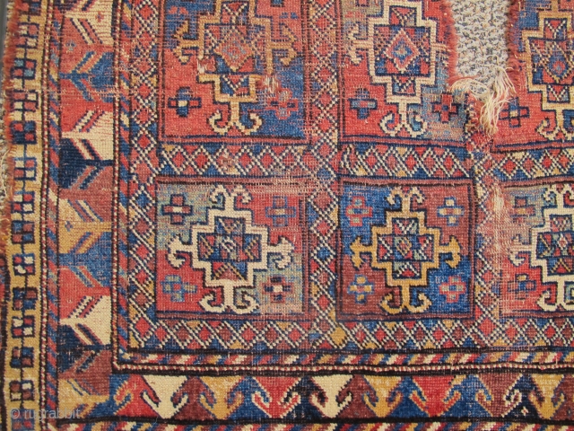 Colorful older square-shaped Quchan Kurd rug from Khorosan. Aina gul design field, superior color. Condition is... well... um... 'poncho-fied'?              