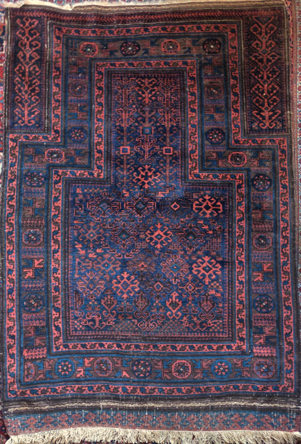 Baluch prayer rug, dark and mysterious with super glossy wool. Very unusual design variant. Exceptionally nice flatwoven ends.               