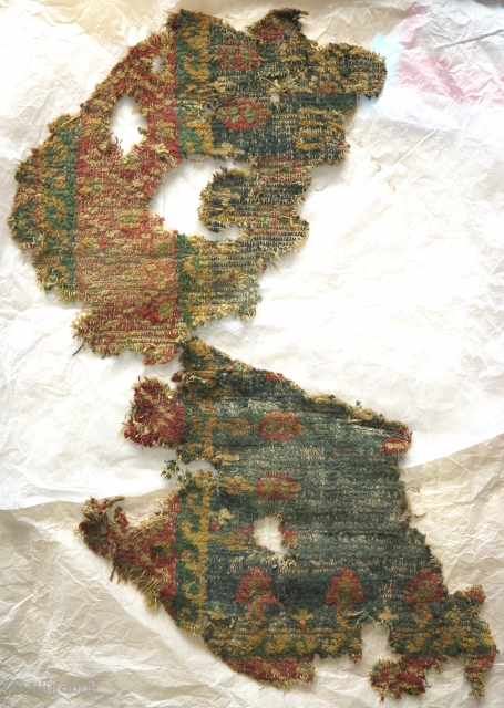 Two more Ancient Carpet Fragment, 3rd - 6th century. Part of the same group of early pile carpet fragments seen in the Al-Sabah Collection. (See Friedrich Spuhler, Pre-Islamic Carpets and Textiles from  ...