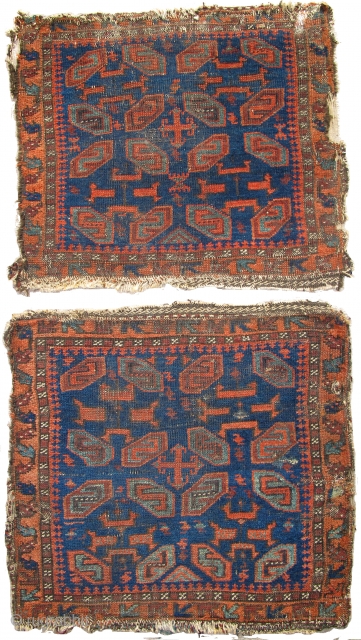 Pair of Baluch bagfaces, blue-ground west Afghanistan, great saturated natural colors, until recently these had been fashioned as upholstery.              